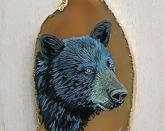 Black Bear Hand Painted Agate Pendant