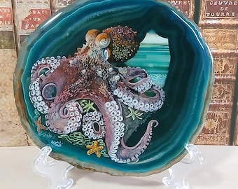 Octopus Original Painting on Agate, Octopus gift, Octopus present