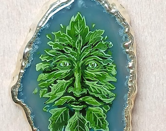 Green Man Hand Painted Agate Pendant