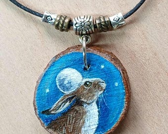 Moon Gazing Hare Hand Painted Wood Pendant