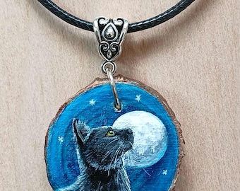 Black Cat & Moon Hand Painted Wood Pendant