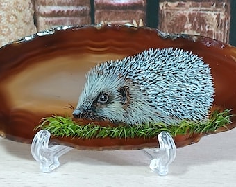 Hedgehog Painting on Agate, hedgehog gift
