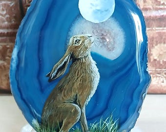 Moon Gazing Hare Painting on Agate