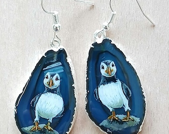 Puffins Hand Painted Agate Earrings