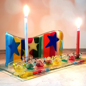 Spiral Fused Glass Menorah with Colorful Candlesticks, Creative Judaica, Jewish Holiday Gifts