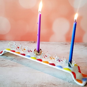 Colorful Flat Menorah with Transparent Candlesticks Fused Glass, Hanukkah Gifts, Jewish Housewarming Gifts