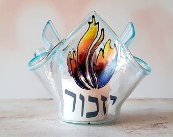 Jewish Memorial Candleholder, Clear Fused Glass, Yahrzeit Candleholder, Creative Judaica