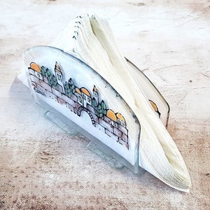 Serviettenhalter aus klarem Glas mit handgemaltem Jerusalem, Esstisch Dekor, Geschenk für ein neues Zuhause