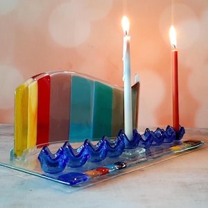 Colorful Spiral Hanukkah Menorah with Blessings & Blue Candlesticks Fused Glass, Jewish Housewarming Gifts