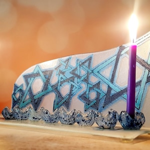 Handmade Semi-Transparent Menorah with Hand Painted Star Of David Fused Glass, Jewish Home Decor Glass Gifts