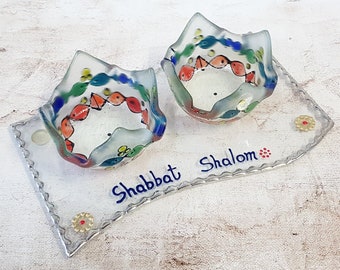 Shabbat Candlesticks, Clear Glass, Hand Painted Fish, Jewish Wedding Gift