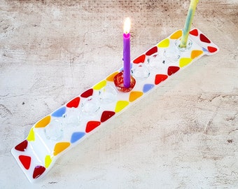 White Fused Glass Menorah with Colorful Candlesticks, Hanukkah Gift, Jewish Housewarming Gift
