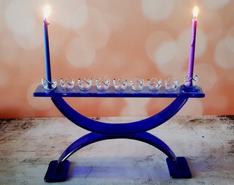 Unique Blue Glass Menorah With Transparent  Candlesticks, Hanukkah Gift, Jewish Wedding Gift