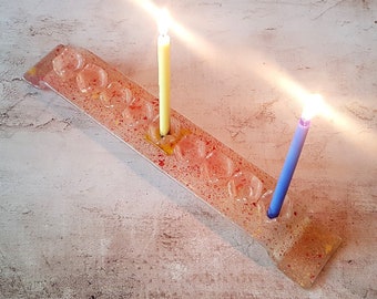 Red Fused Glass Menorah with Candlesticks covered in spray paint, Hanukkah Gift, Jewish Housewarming Gift