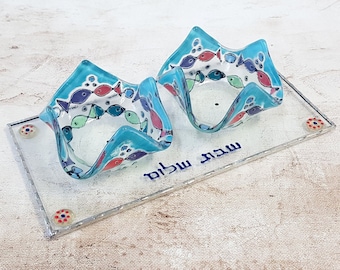 Hand-Painted Fish Candlesticks Fused Glass On Stained Glass Tray, Jewish Shabbat Gifts