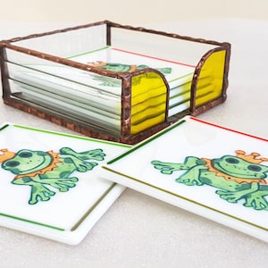 Beautiful Coasters with Hand Painted Frogs Fused Glass & Stained Glass Box, Table Decor Glass Gifts
