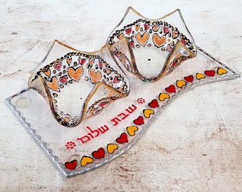 Hand Painted Red & Yellow Hearts On Shabbat Candlesticks Glass, Personalized Gift, Wedding Gift