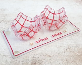 Shabbat Shalom Candlesticks, Clear Candleholders With Red & White Stringers, Housewarming Gift