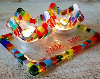 Colorful Shabbat Candlesticks, Clear Glass Mosaic Candleholder, Jewish New Home Gift