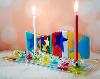 Spiral Fused Glass Menorah With Colorful Candlesticks, Creative Judaica, Jewish Wedding Gift