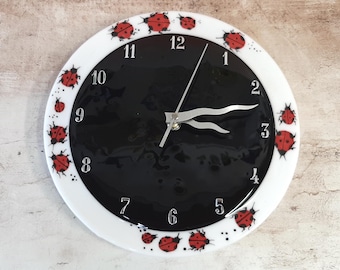 Circle Clock with Ladybugs Fused Glass, Black and White Design (Silent Mechanism)