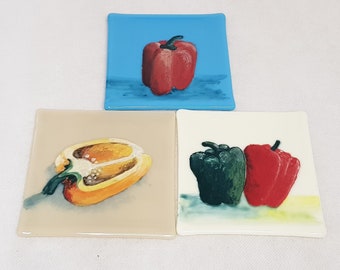 3 Hand Painted Peppers On Tiles / Coasters, Kitchen & Bathroom Decor Sets, Housewarming Gift