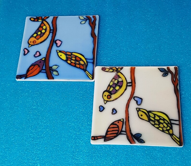 2 Hand Drawn Glass Tiles Birds Decorative Tiles,Kitchen /& Bathroom Decor Sets