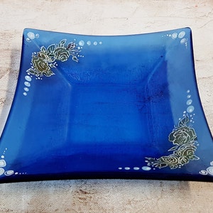 Geometric Square Blue Serving Tray Fused Glass, Home & Table Decor Gifts