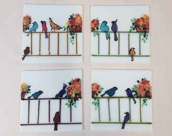 4 Hand Painted Bird On A Ledge On Tiles / Coasters, Kitchen & Bathroom Decor Sets, Housewarming Gift