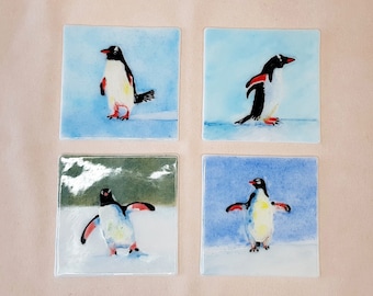 Cute Penguins at Snow, Hand Painted Glass Tiles, Kitchen & Bathroom Decor Sets