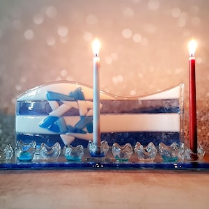 Blue White Menorah with Star Of David, Handmade Menorah Glass