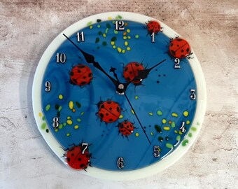 Handmade Circle Clock with Ladybugs Fused Glass, Home Wall Decor Gifts