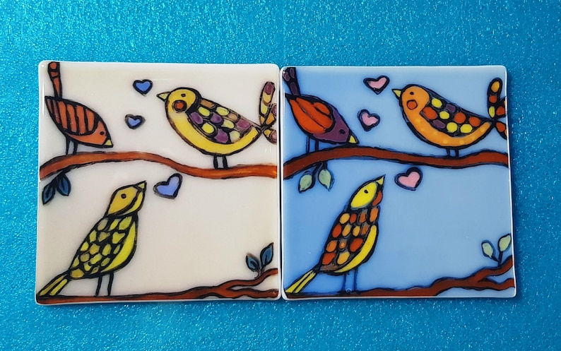 2 Hand Drawn Glass Tiles Birds Decorative Tiles,Kitchen /& Bathroom Decor Sets