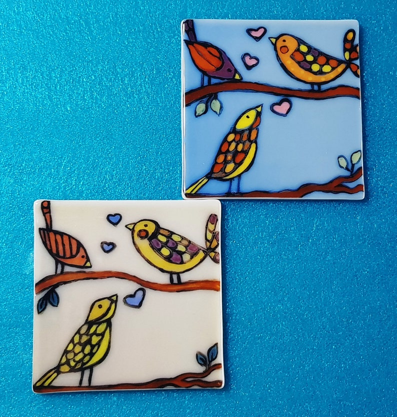 2 Hand Drawn Glass Tiles Birds Decorative Tiles,Kitchen /& Bathroom Decor Sets