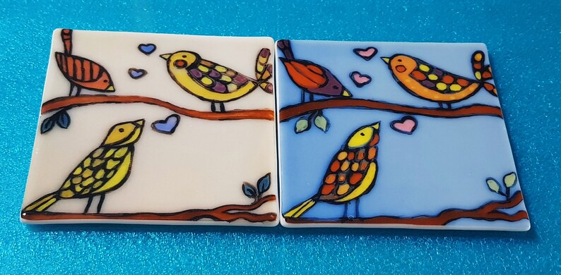 2 Hand Drawn Glass Tiles Birds Decorative Tiles,Kitchen /& Bathroom Decor Sets