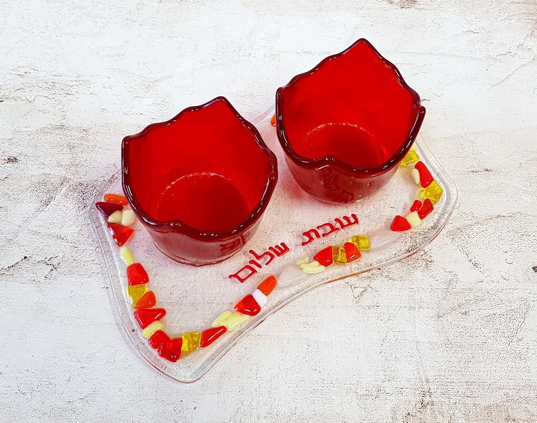 Shabbat Candlesticks Red Glass Candleholder Jewish Etsy