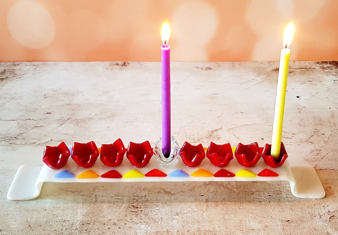 Menorah Red Colorful Menorah With Red Candlesticks Fused Glass, Hanukkah Gifts ...