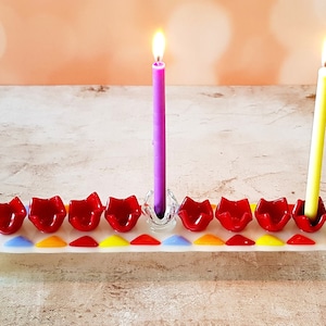 Colorful Menorah with Red Candlesticks Fused Glass, Hanukkah Gifts, Jewish Housewarming Gifts