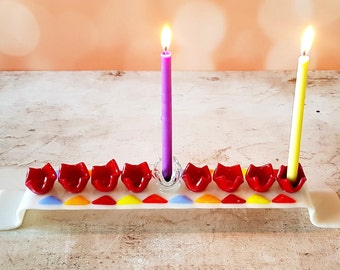 White Fused Glass Menorah with Colorful Candlesticks, Hanukkah Gift, Jewish Housewarming Gift
