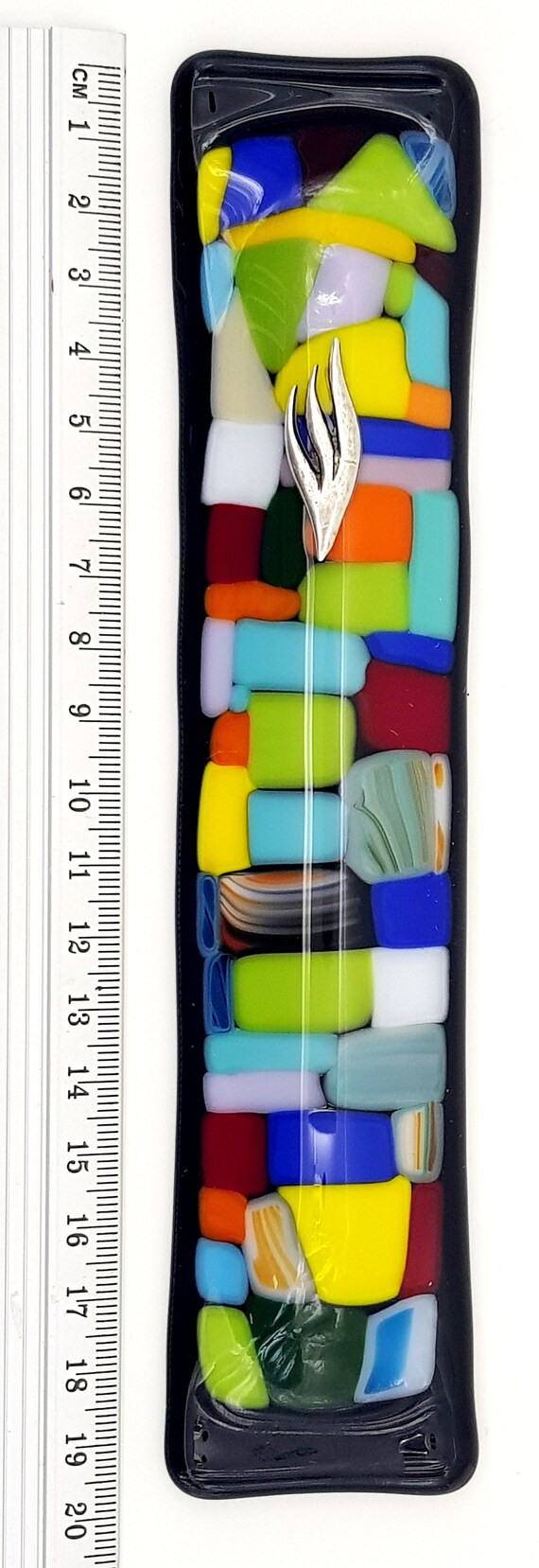 Unique Mezuzah Case Black Glass With Colorful Stains Jewish New Home Gift Handmade Judaica