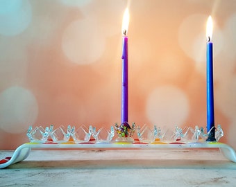 White Fused Glass Menorah with Colorful Candlesticks, Hanukkah Gift, Jewish Housewarming Gift