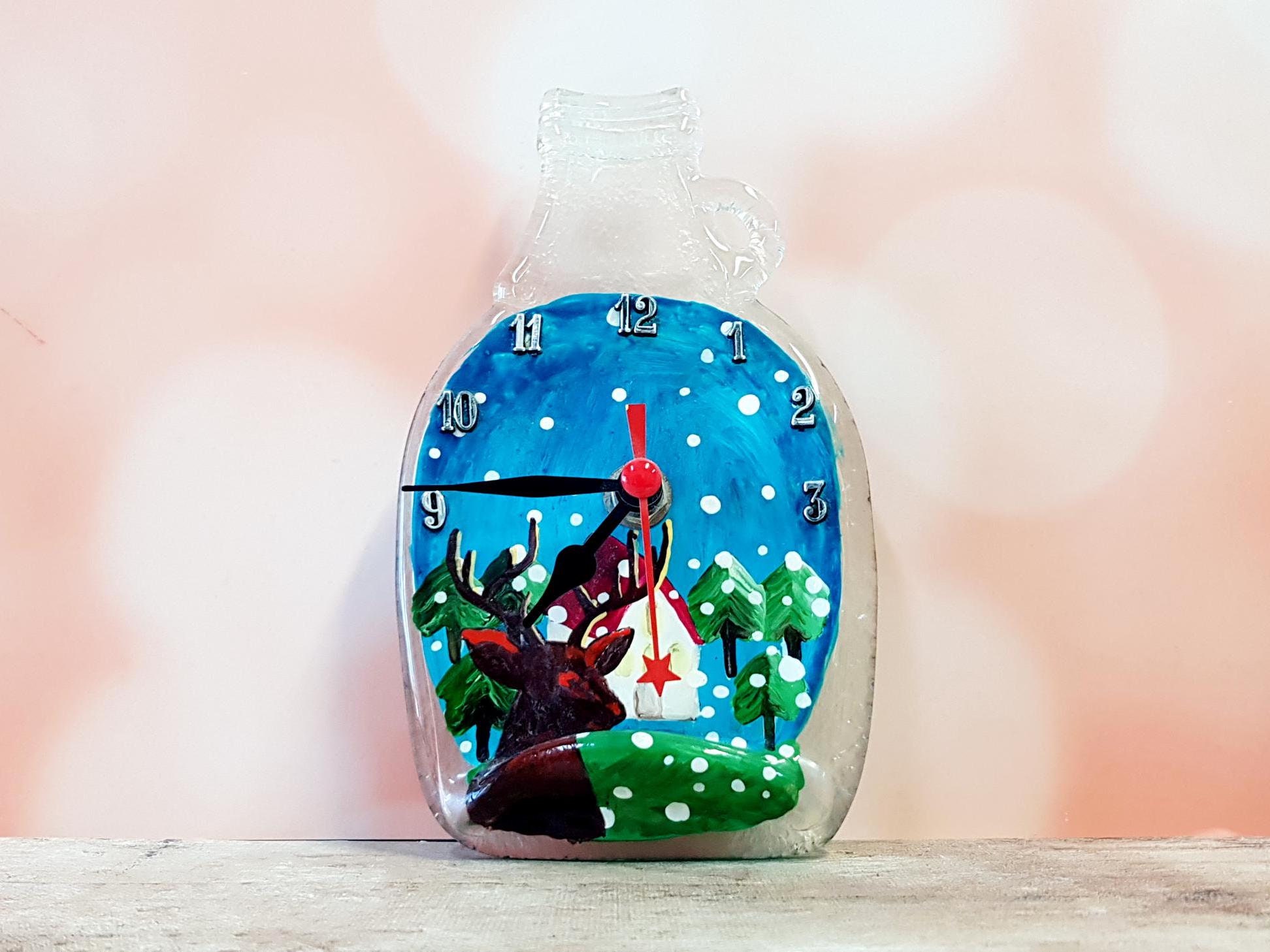 Small Recycled Bottle Quiet Clock Fused Glass with Hand Painted Christmas Capsule & Deer, Personalized Gifts