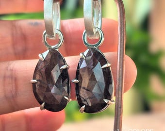 Handmade Brown Sapphire Rose Cut Silver Hoop Earrings – Removable Dangle Gemstone Earrings, Sterling Silver Jewelry