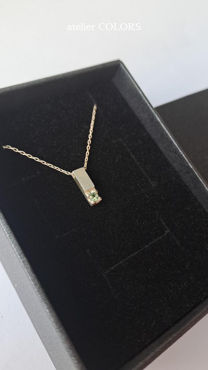 Minimalist Bar Necklace with Gemstone, Vertical Bar Pendant Necklace, Bar pendant In Sterling Silver with Green Sapphire Stone