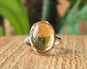Anillo de plata de ley con citrino - Talla 6, detalle milgrain