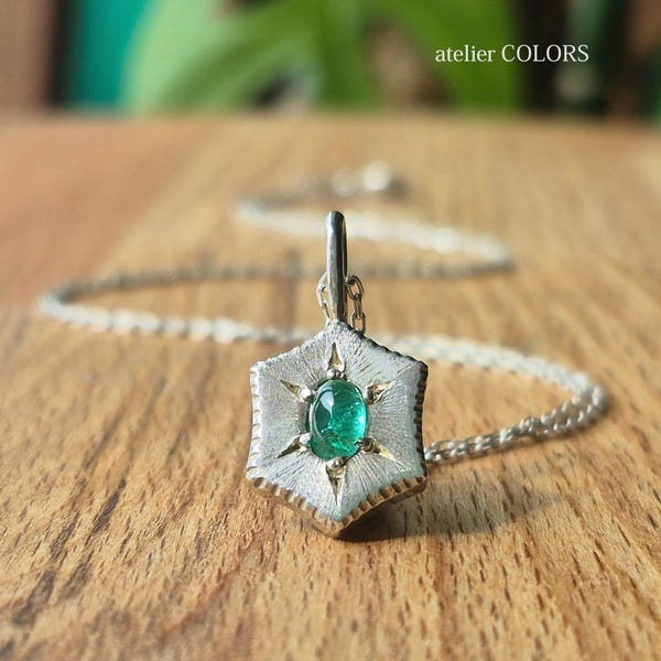Emerald North Star Necklace: Sterling Silver Hexagon Pendant, Handmade Birthstone Jewelry