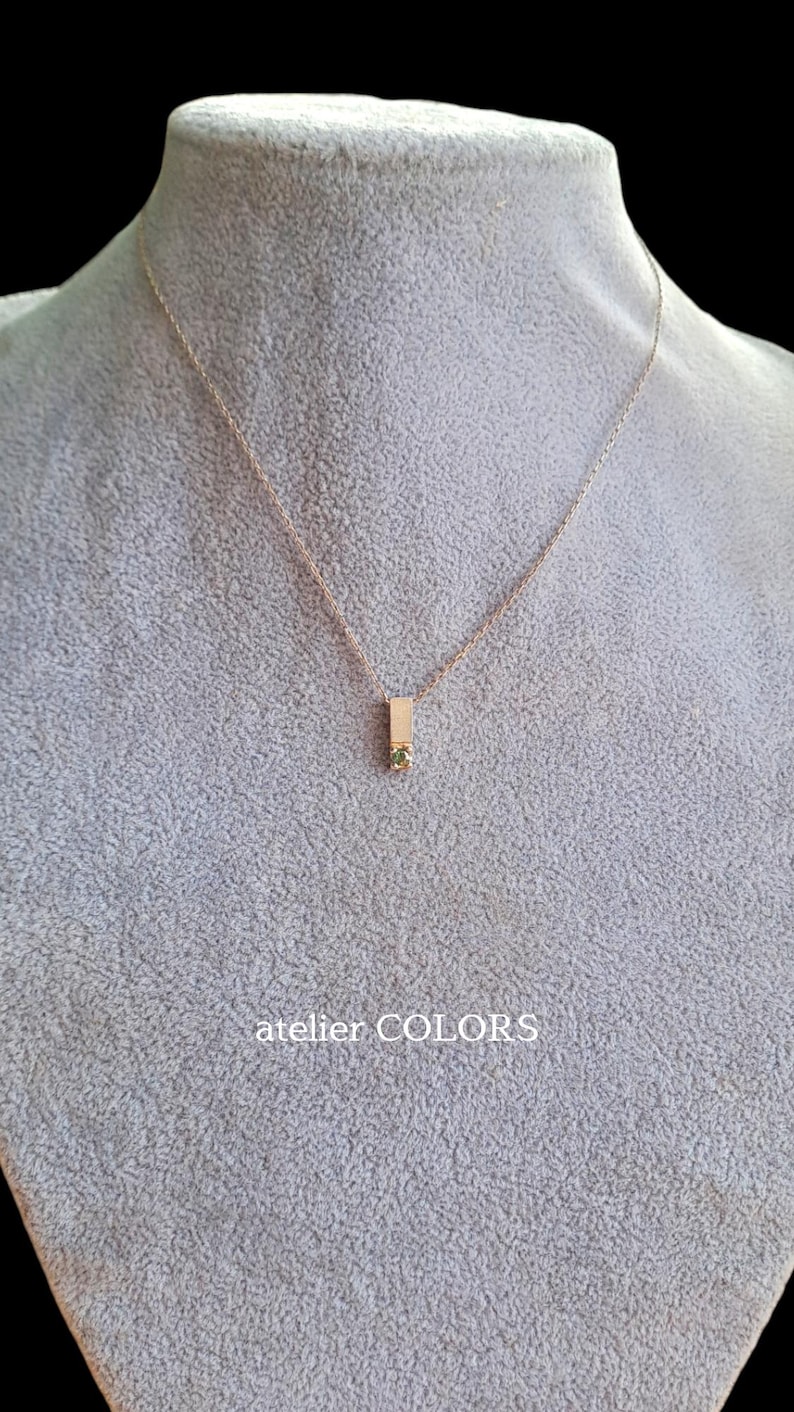 Minimalist Bar Necklace with Gemstone, Vertical Bar Pendant Necklace, Bar pendant In Sterling Silver with Green Sapphire Stone