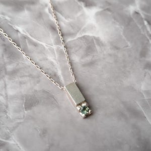 Minimalist Bar Necklace with Gemstone, Vertical Bar Pendant Necklace, Bar pendant In Sterling Silver with Green Sapphire Stone