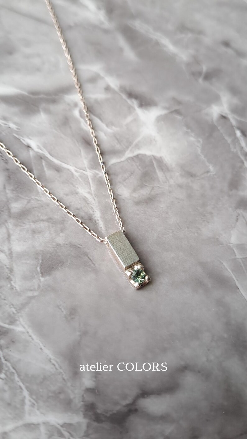 Minimalist Bar Necklace with Gemstone, Vertical Bar Pendant Necklace, Bar pendant In Sterling Silver with Green Sapphire Stone