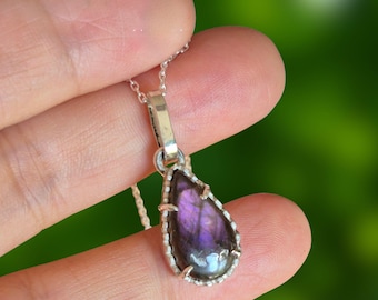 Purple Labradorite Silver Teardrop Pendant Necklace – Handmade Gemstone Jewelry